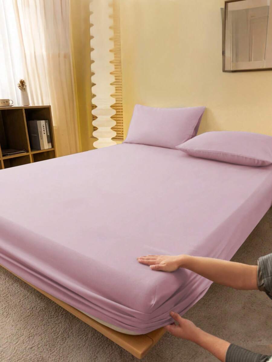 1pc Solid Color Fitted Sheet, Mattress Protector, Mattress Cover For Bed, Soft And Breathable, Deep Pocket Up To 11.8 Inch - Mauve Purple