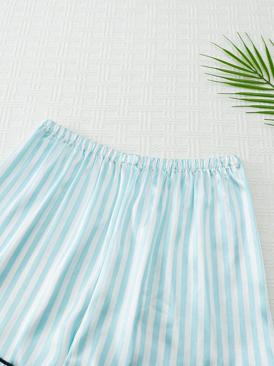 2pcs Women Pajama Set, Light Pink Striped Short Sleeve Shirt With Button Front And Elastic Waist Shorts - Mint Green