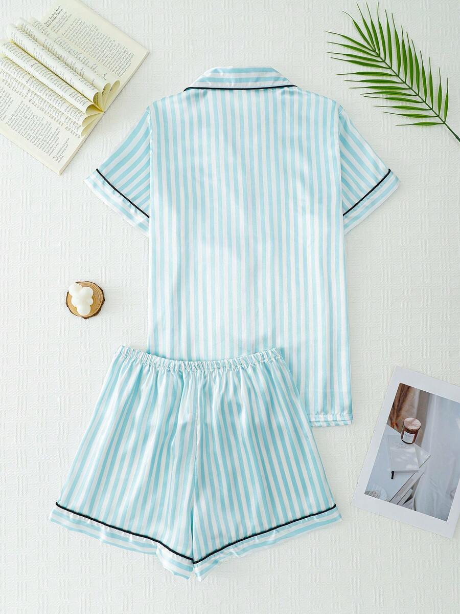 2pcs Women Pajama Set, Light Pink Striped Short Sleeve Shirt With Button Front And Elastic Waist Shorts - Mint Green