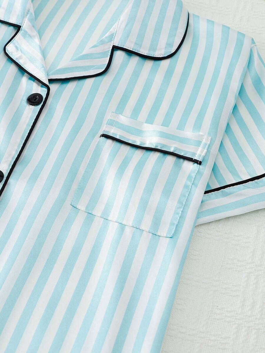 2pcs Women Pajama Set, Light Pink Striped Short Sleeve Shirt With Button Front And Elastic Waist Shorts - Mint Green