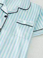 2pcs Women Pajama Set, Light Pink Striped Short Sleeve Shirt With Button Front And Elastic Waist Shorts - Mint Green