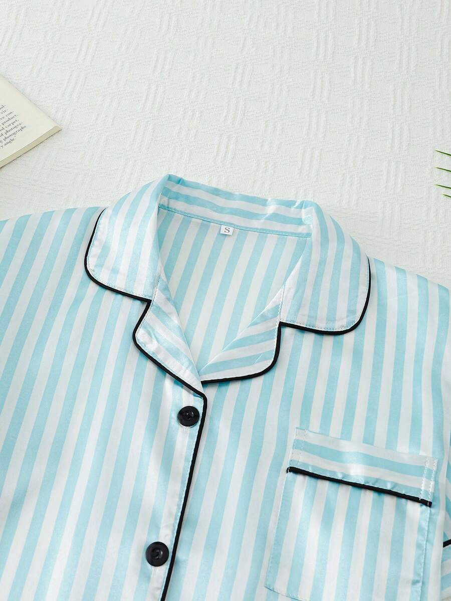 2pcs Women Pajama Set, Light Pink Striped Short Sleeve Shirt With Button Front And Elastic Waist Shorts - Mint Green