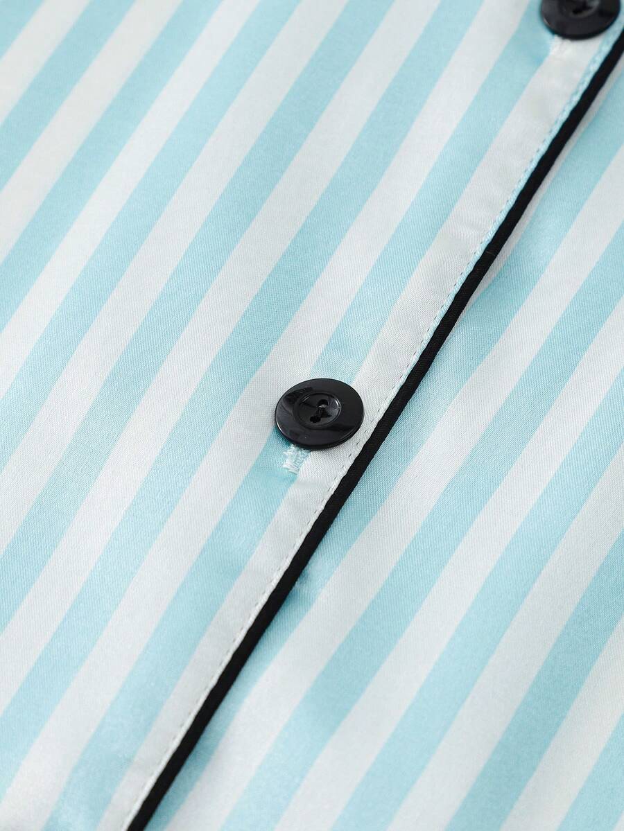 2pcs Women Pajama Set, Light Pink Striped Short Sleeve Shirt With Button Front And Elastic Waist Shorts - Mint Green