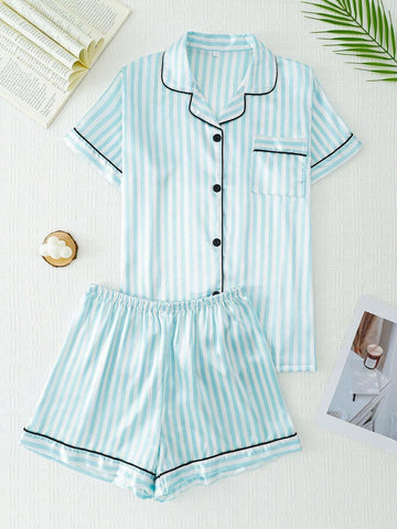 2pcs Women Pajama Set, Light Pink Striped Short Sleeve Shirt With Button Front And Elastic Waist Shorts