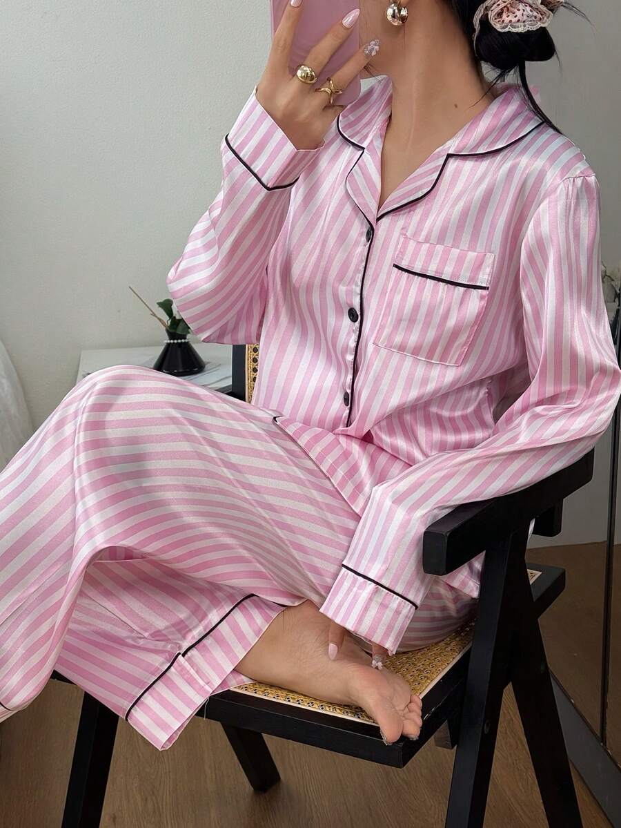 Dreamivo 2pcs/Set Women Striped Long Sleeve Pajama Set, Valentine's Day