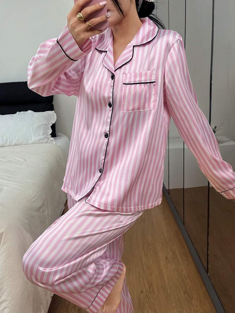 Dreamivo 2pcs/Set Women Striped Long Sleeve Pajama Set, Valentine's Day - Pink