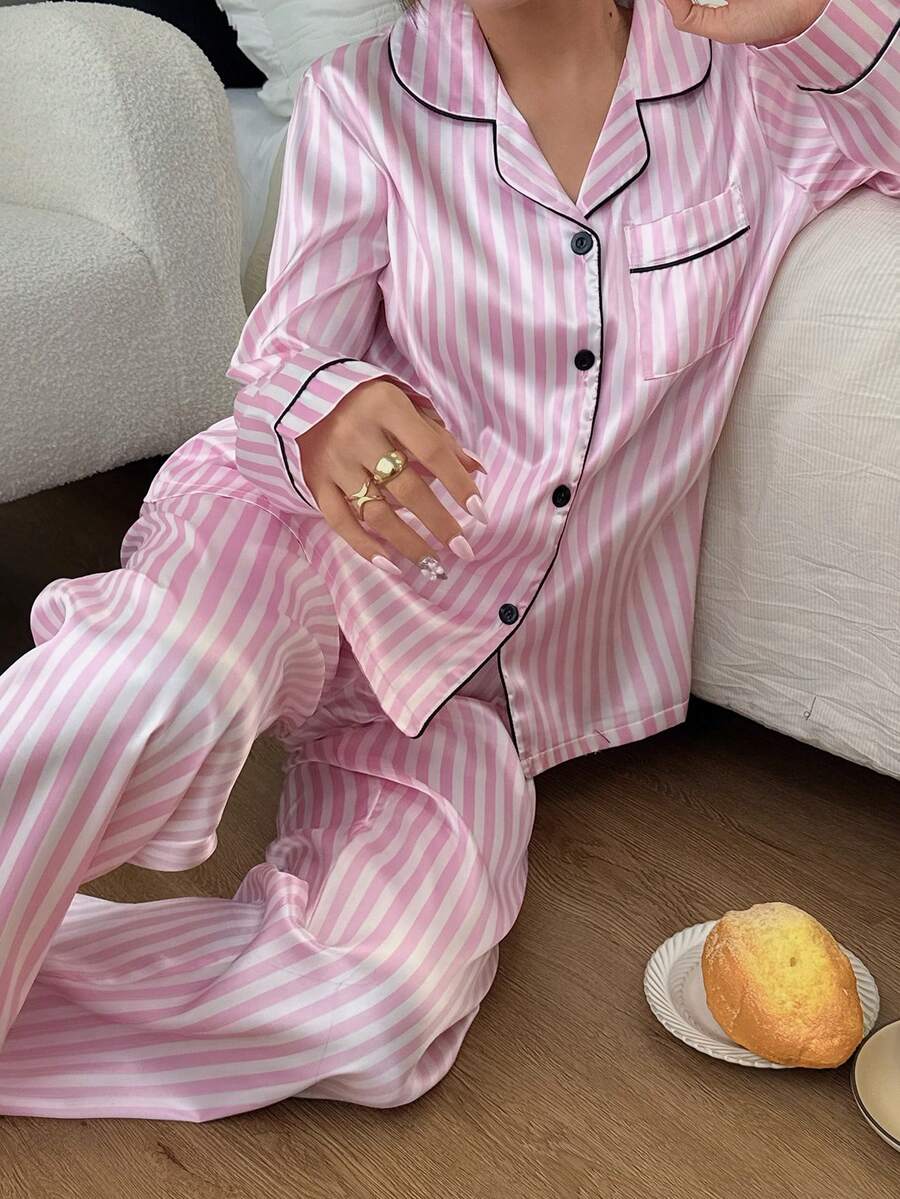 Dreamivo 2pcs/Set Women Striped Long Sleeve Pajama Set, Valentine's Day - Pink