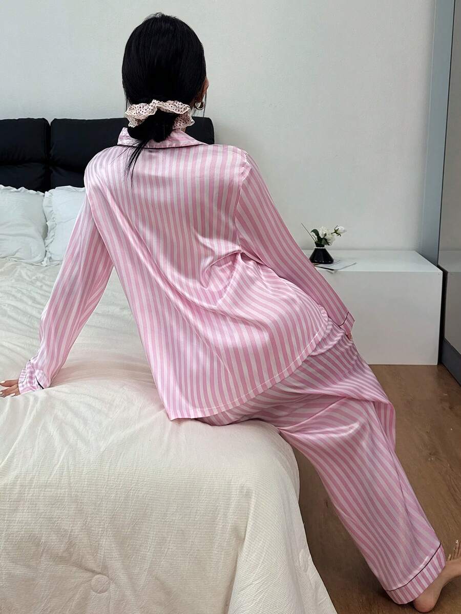 Dreamivo 2pcs/Set Women Striped Long Sleeve Pajama Set, Valentine's Day - Pink