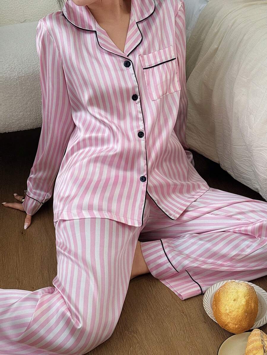 Dreamivo 2pcs/Set Women Striped Long Sleeve Pajama Set, Valentine's Day - Pink