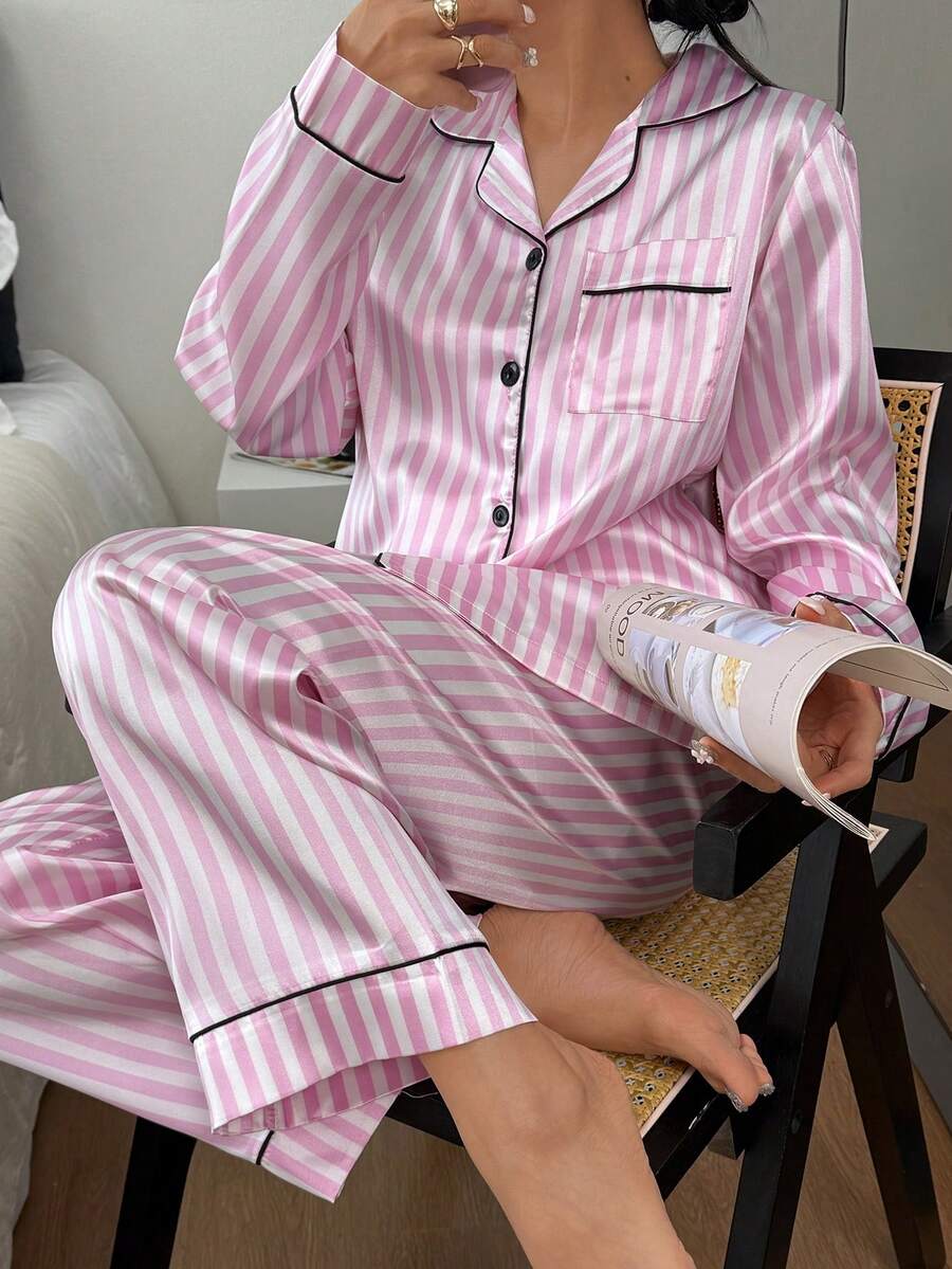 Dreamivo 2pcs/Set Women Striped Long Sleeve Pajama Set, Valentine's Day - Pink