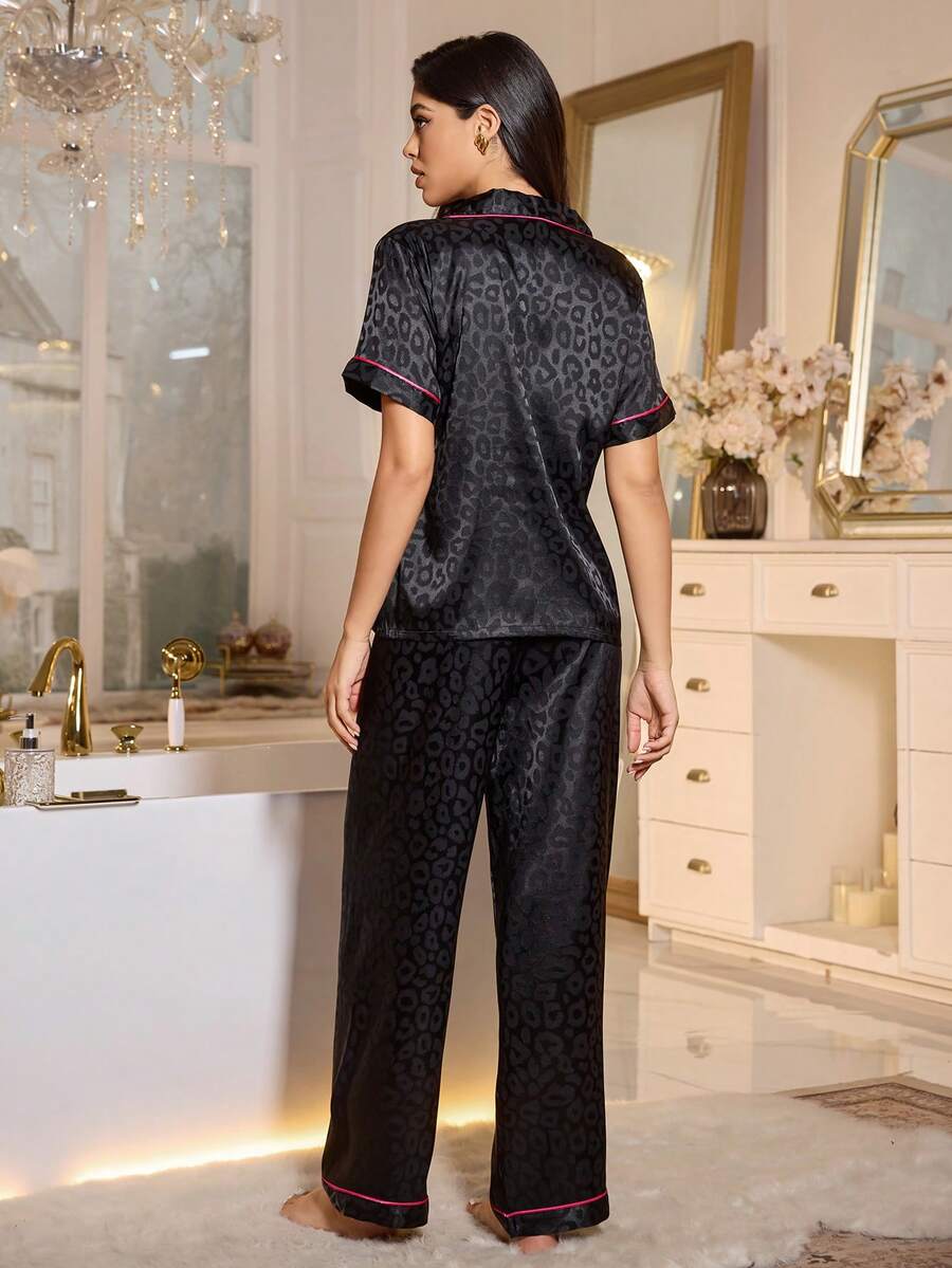 LuxeNights Casual Satin Pajamas With All Over Print And Lapel For Luxurious Lounging, Sleepwear Sets For Women, Leopard Print Pajama Set - Black with pink