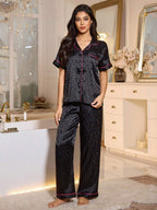 LuxeNights Casual Satin Pajamas With All Over Print And Lapel For Luxurious Lounging, Sleepwear Sets For Women, Leopard Print Pajama Set - Black with pink