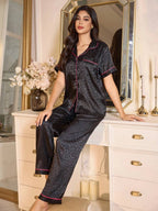 LuxeNights Casual Satin Pajamas With All Over Print And Lapel For Luxurious Lounging, Sleepwear Sets For Women, Leopard Print Pajama Set - Black with pink