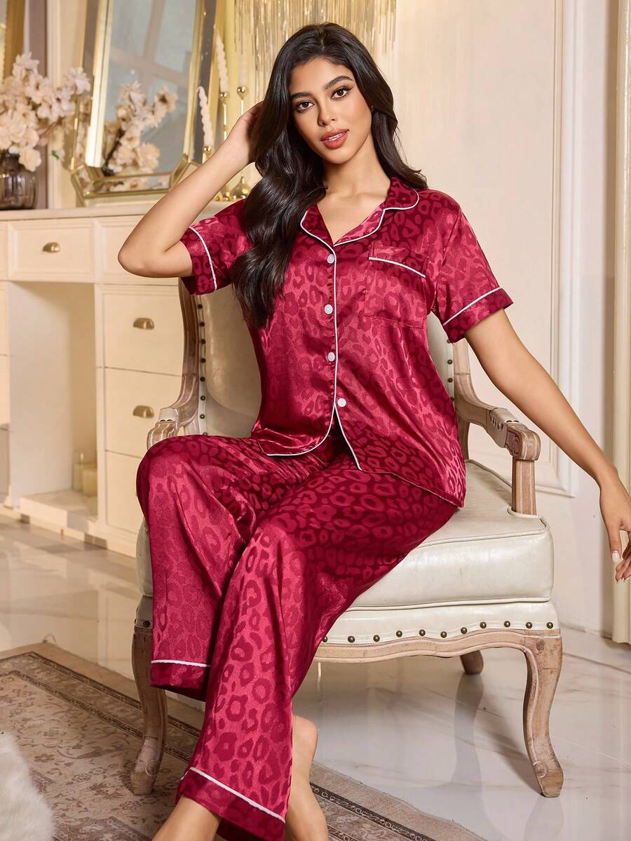 LuxeNights Casual Satin Pajamas With All Over Print And Lapel For Luxurious Lounging, Sleepwear Sets For Women, Leopard Print Pajama Set - Red