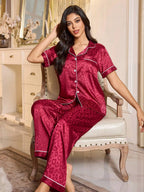 LuxeNights Casual Satin Pajamas With All Over Print And Lapel For Luxurious Lounging, Sleepwear Sets For Women, Leopard Print Pajama Set - Red