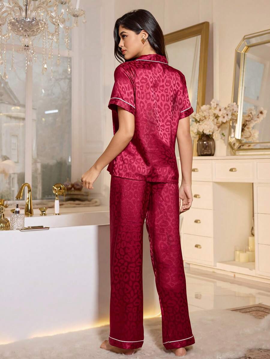 LuxeNights Casual Satin Pajamas With All Over Print And Lapel For Luxurious Lounging, Sleepwear Sets For Women, Leopard Print Pajama Set - Red