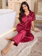 LuxeNights Casual Satin Pajamas With All Over Print And Lapel For Luxurious Lounging, Sleepwear Sets For Women, Leopard Print Pajama Set - Red