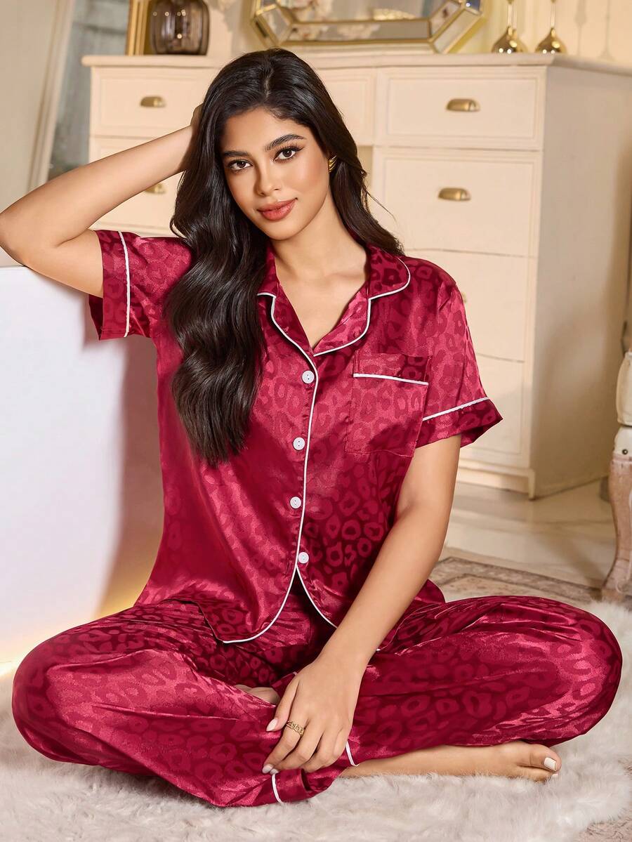 LuxeNights Casual Satin Pajamas With All Over Print And Lapel For Luxurious Lounging, Sleepwear Sets For Women, Leopard Print Pajama Set - Red