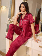 LuxeNights Casual Satin Pajamas With All Over Print And Lapel For Luxurious Lounging, Sleepwear Sets For Women, Leopard Print Pajama Set - Red