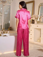 LuxeNights Casual Satin Pajamas With All Over Print And Lapel For Luxurious Lounging, Sleepwear Sets For Women, Leopard Print Pajama Set - Pink