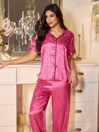 LuxeNights Casual Satin Pajamas With All Over Print And Lapel For Luxurious Lounging, Sleepwear Sets For Women, Leopard Print Pajama Set - Pink