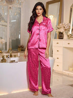 LuxeNights Casual Satin Pajamas With All Over Print And Lapel For Luxurious Lounging, Sleepwear Sets For Women, Leopard Print Pajama Set - Pink