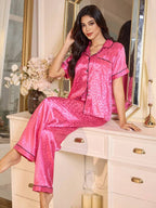 LuxeNights Casual Satin Pajamas With All Over Print And Lapel For Luxurious Lounging, Sleepwear Sets For Women, Leopard Print Pajama Set - Pink