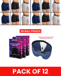 Pack of 12 (4 Black/4 Grey/4 Navy Blue) - Premium 3D Ball Pouch Boxer Trunk Size S