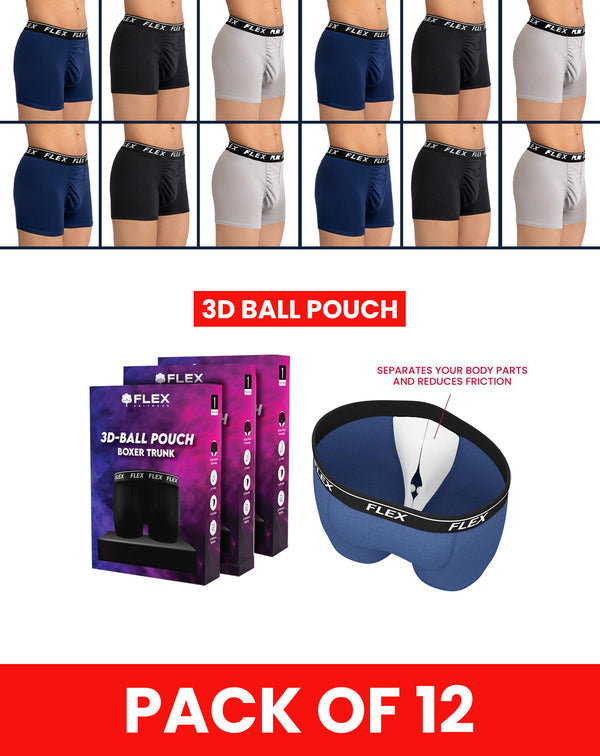 Pack of 12 (4 Black/4 Grey/4 Navy Blue) - Premium 3D Ball Pouch Boxer Trunk Size S