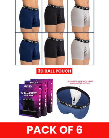 Pack of 6 (2 Black/2 Grey/2 Navy Blue) - Premium 3D Ball Pouch Boxer Trunk Size S