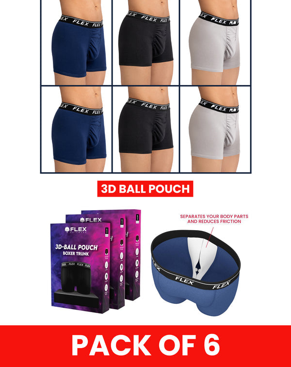 Pack of 6 (2 Black/2 Grey/2 Navy Blue) - Premium 3D Ball Pouch Boxer Trunk Size S